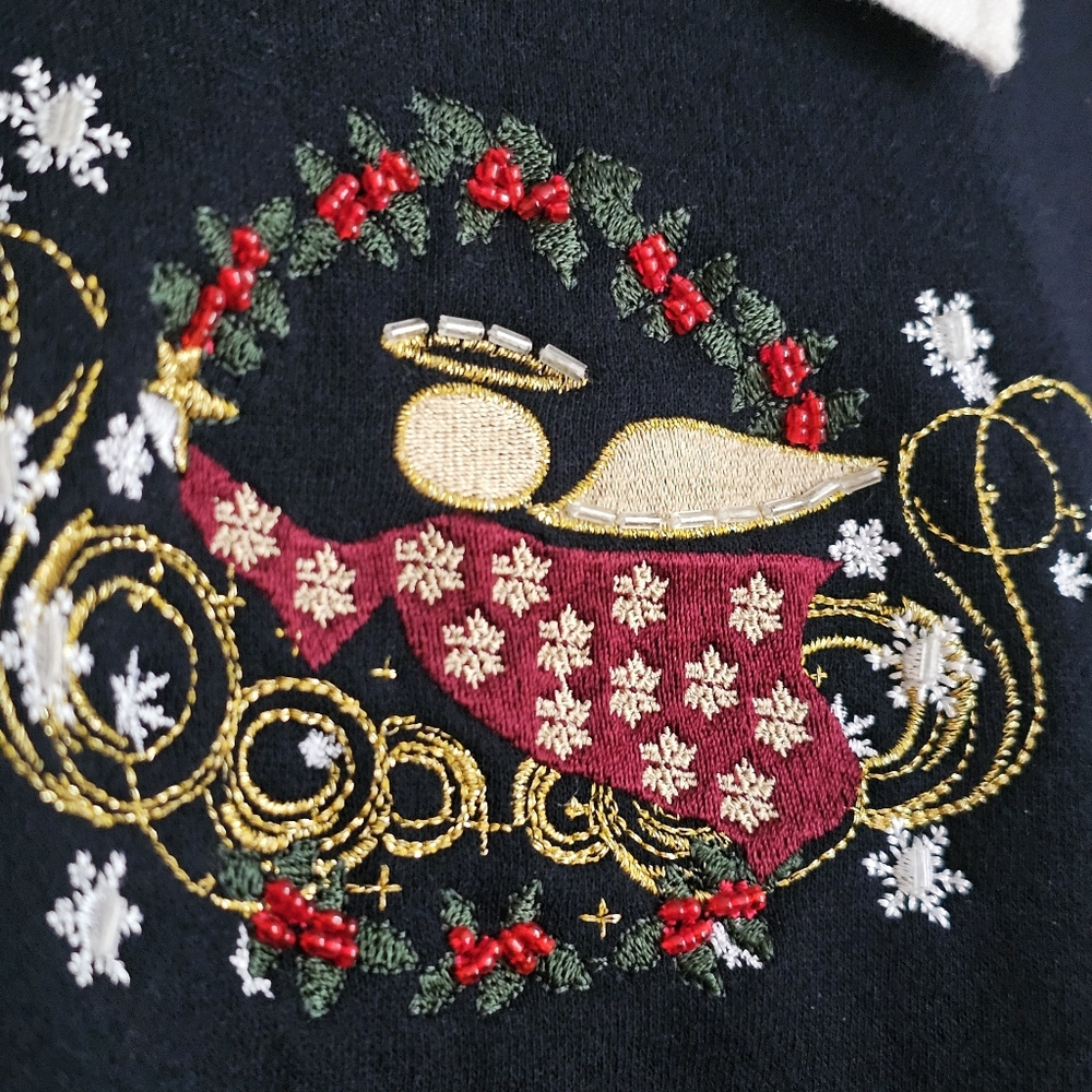 90s Hastings & Smith Embroidered Christmas Sweatshirt XL Angel Holly Collar Navy - Picture 5 of 10